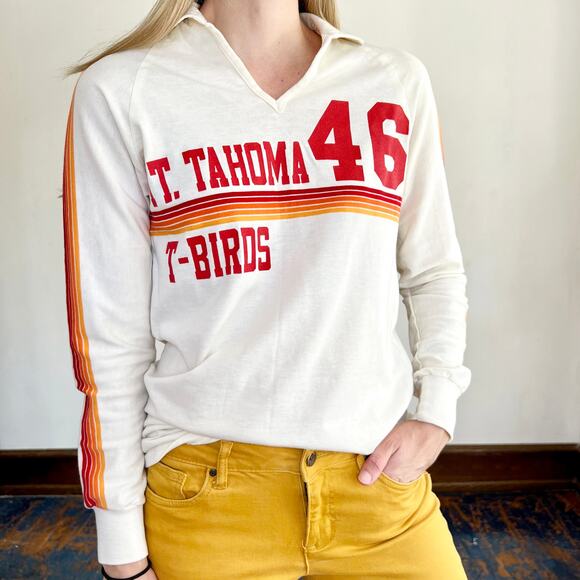 Vintage 70s Mt. Tahoma T-Birds Volleyball Athletic Collared Long Sleeve Polo - Picture 2 of 8